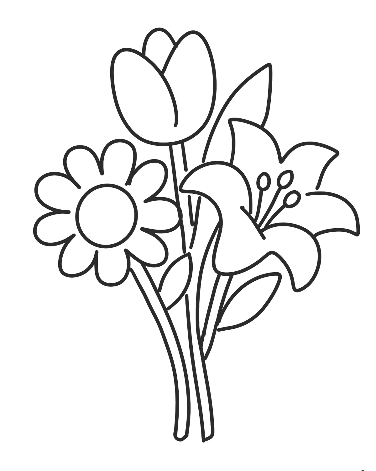 Step 5 of an easy bouquet drawing tutorial showing flower stems and green leaves added to the flowers.