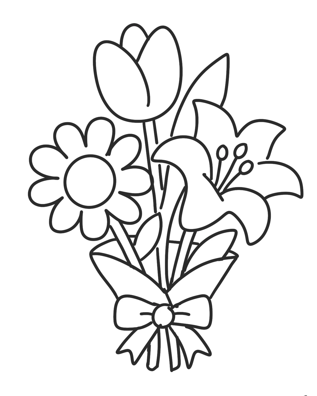Step 6 of a flower bouquet doodle drawing showing the bouquet wrap and ribbon around the flowers.