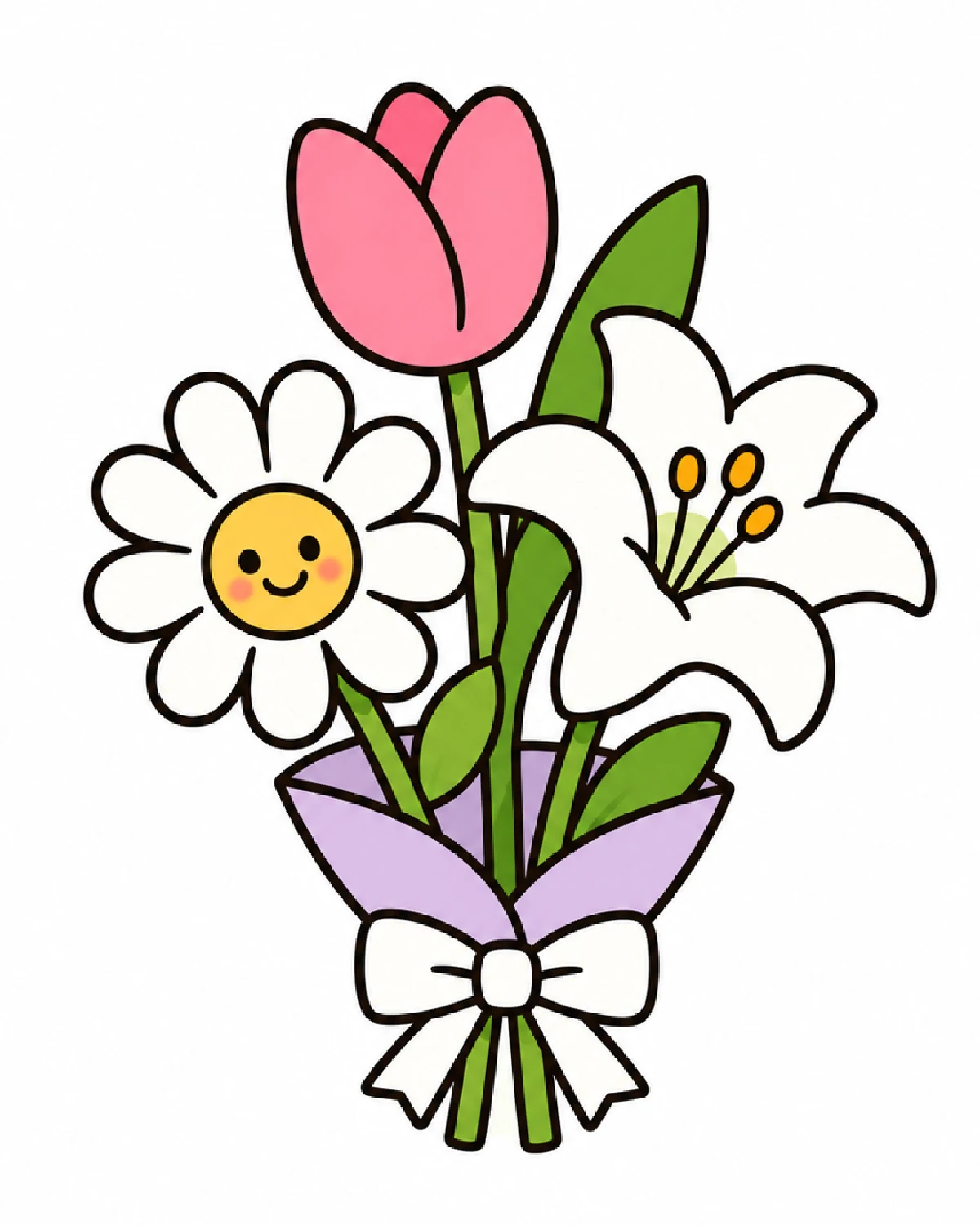 Step 7 of a colorful flower bouquet drawing tutorial showing the finished bouquet with bright colors.