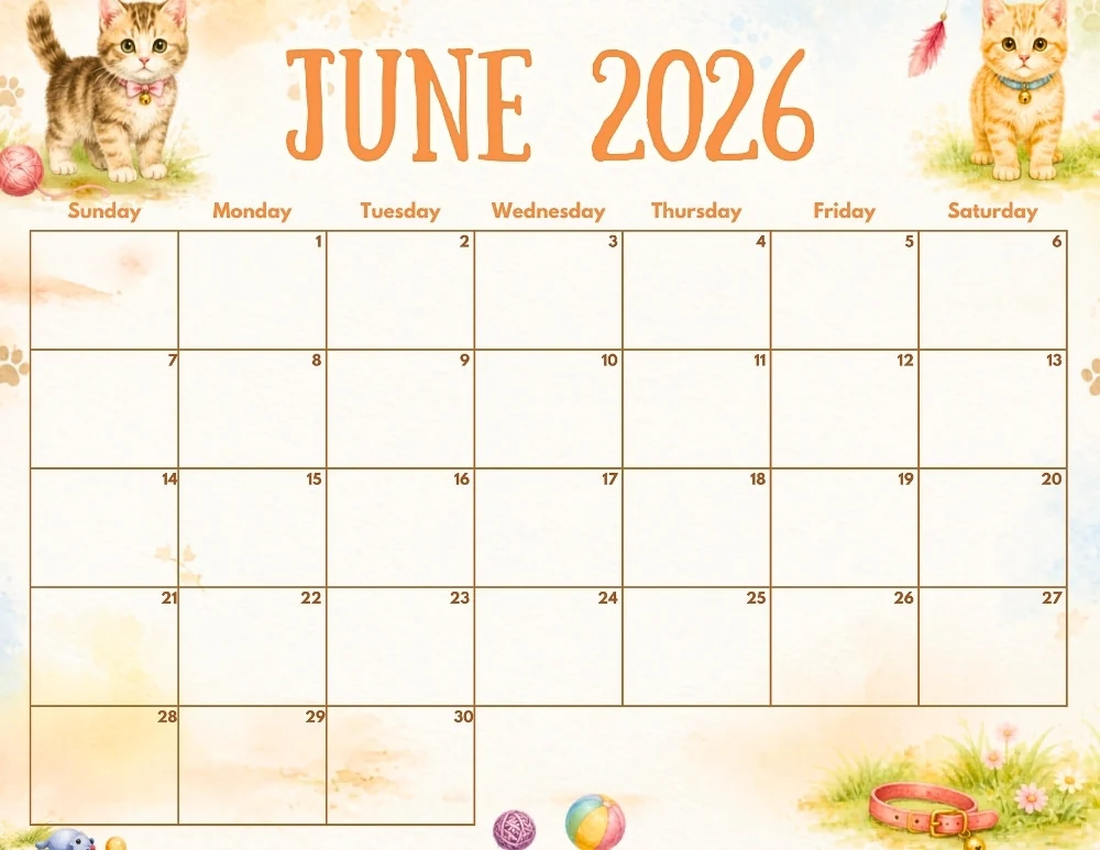 june 2026 calendar - cat themed editable calendar