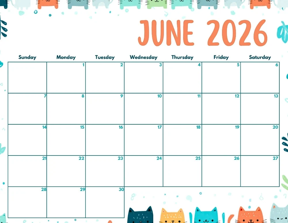 june 2026 calendar - colorful cat themed editable calendar