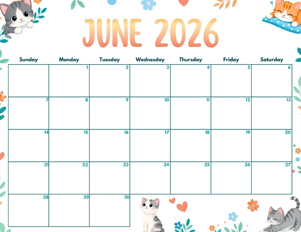 june 2026 calendar - cute cat themed editable calendar