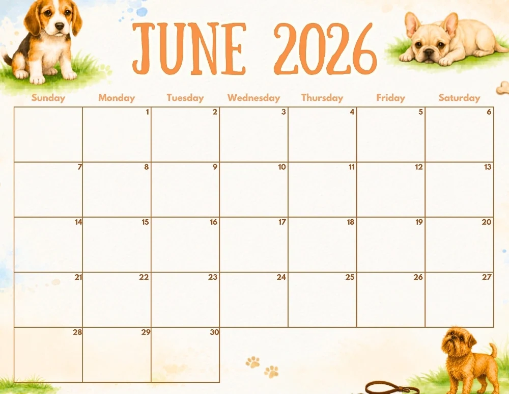 june 2026 calendar - dog themed editable calendar
