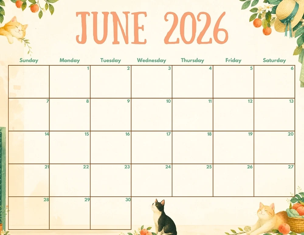 june 2026 calendar - retro cat themed editable calendar