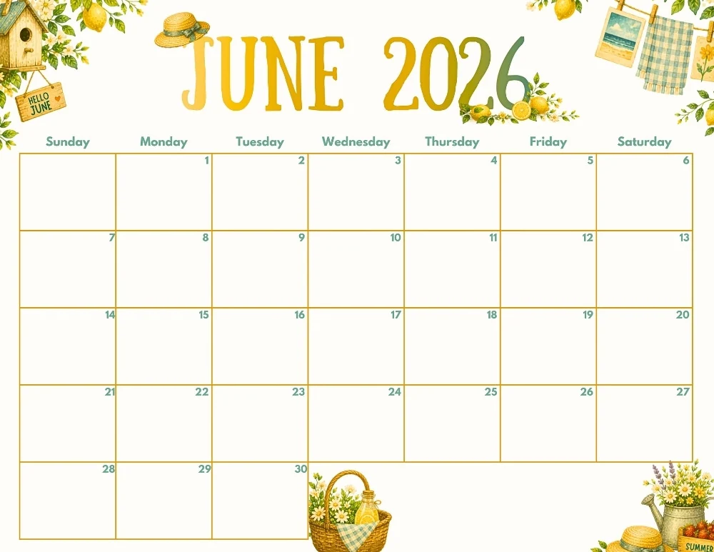 june 2026 calendar - summer themed editable calendar