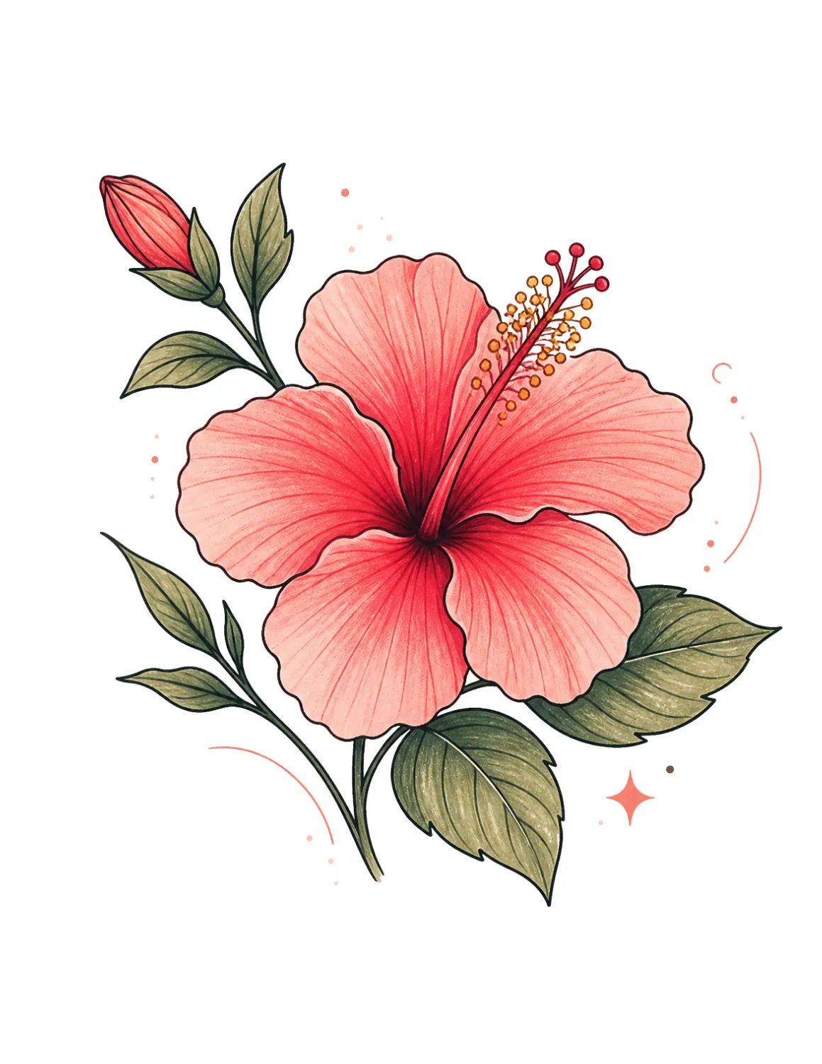 Watercolor red hibiscus drawing with shading